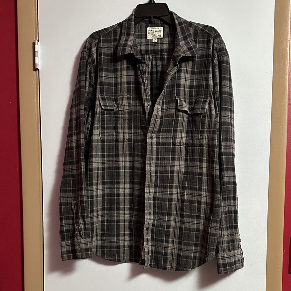 Lucky Brand Black and Gray Plaid Button-Up Flannel